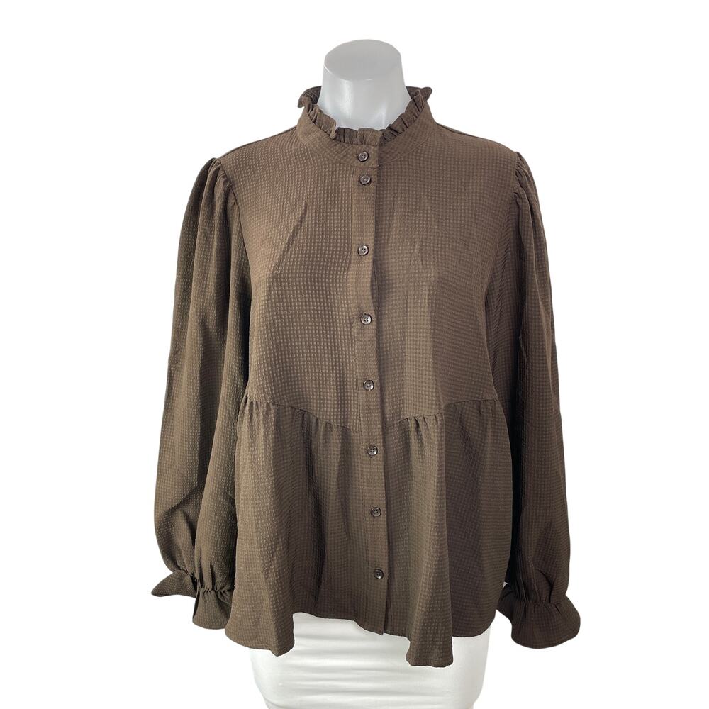 NEW Vero Moda Womens Brown Long Sleeves Button Front Ruffles Mock Blouse Top XL